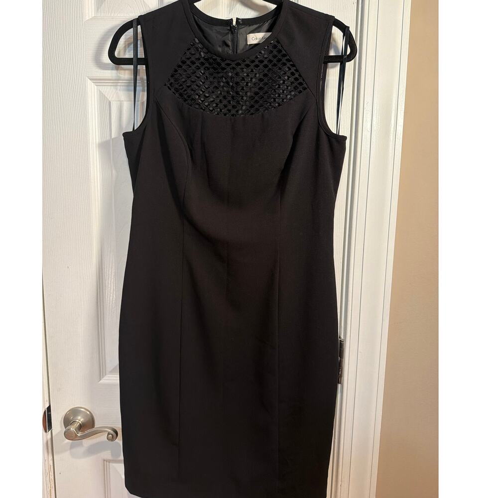 LBD Calvin Klein Black Sheath Dress Mesh Cutout Neckline Sleeveless Size 8